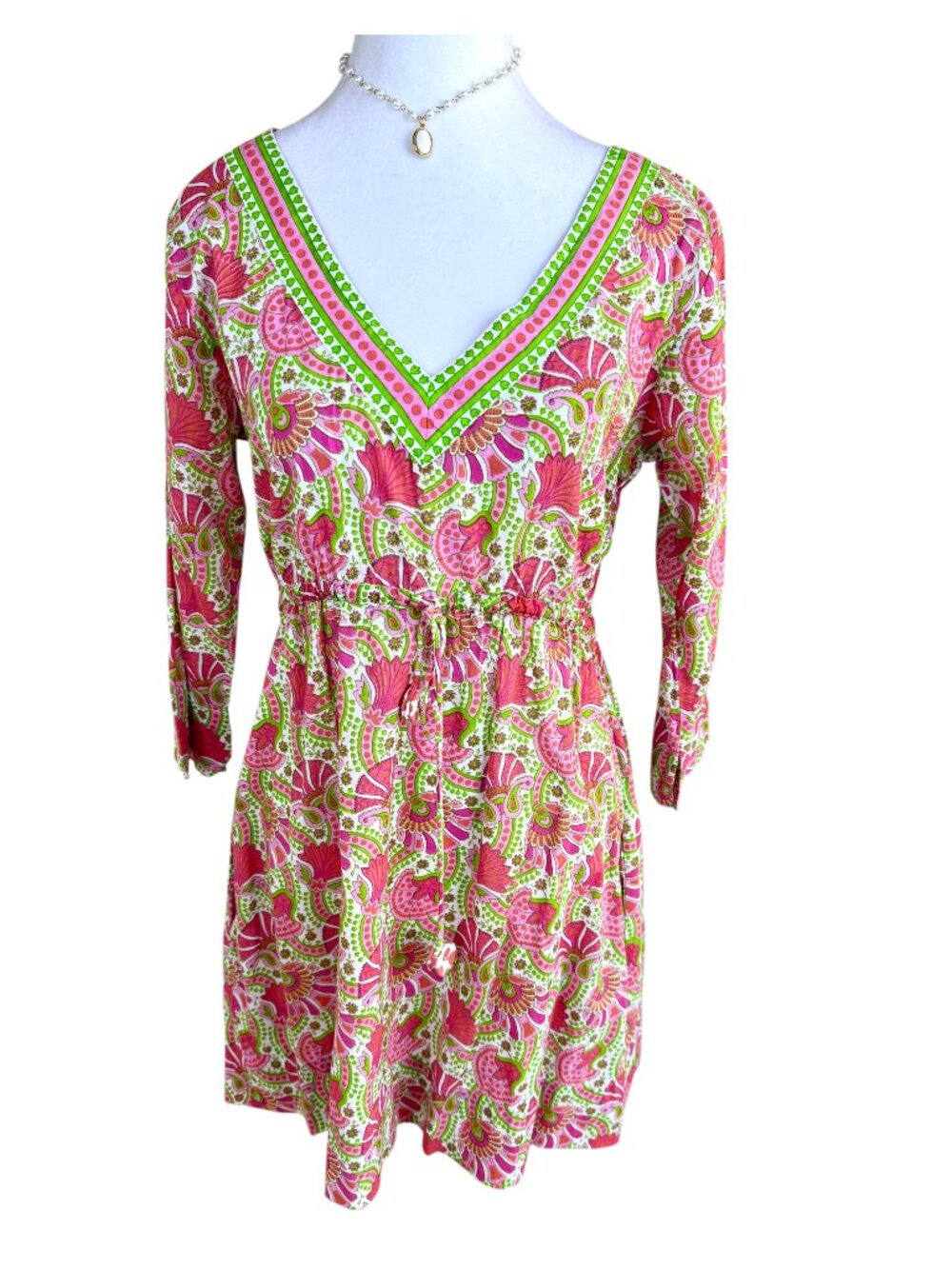Gretchen Scott Casual Dress Pink Green V-Neck Casual (S)